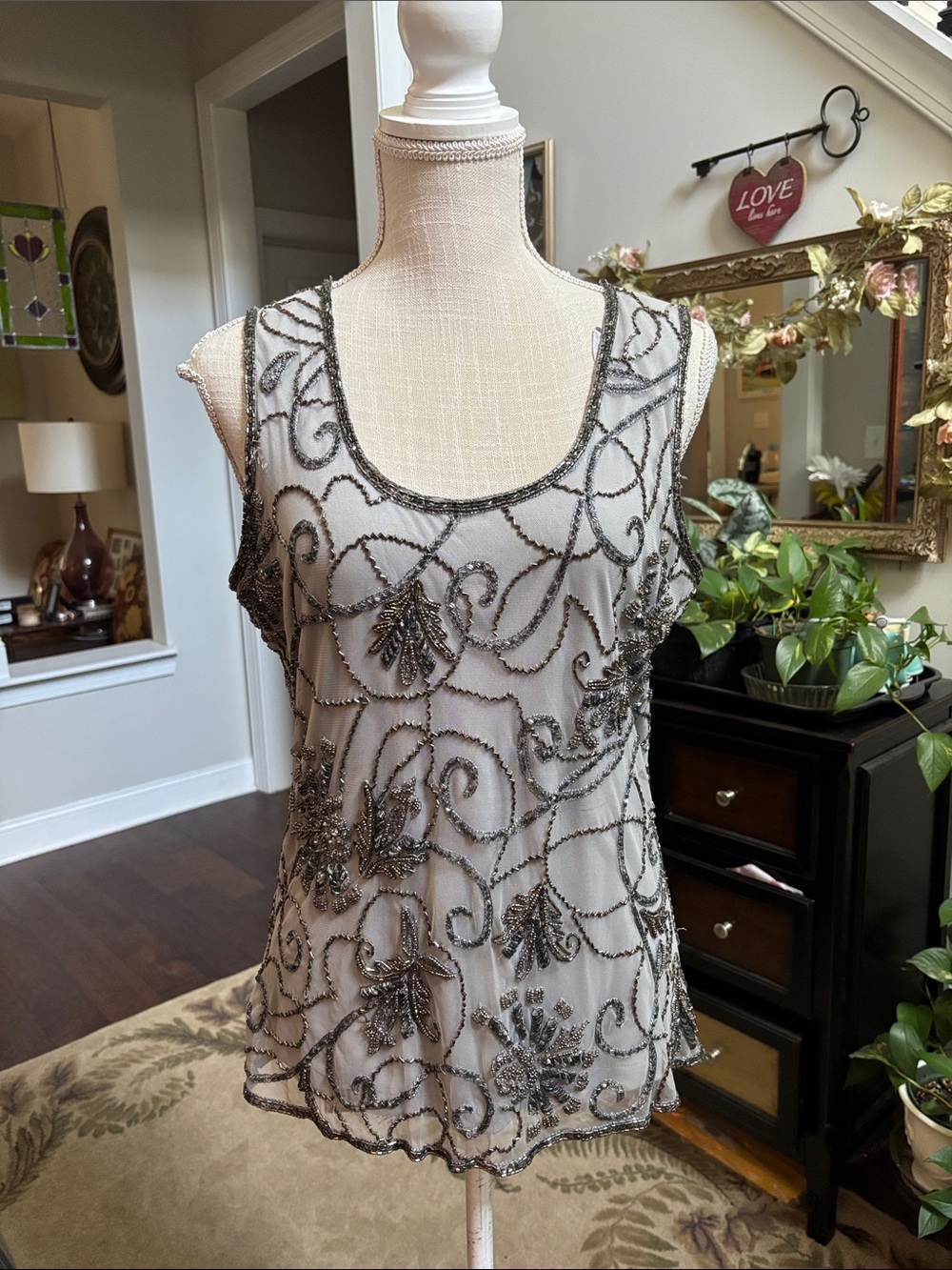 Adrianna Papell Silver Beaded sleeveless Scoop Neck evening top